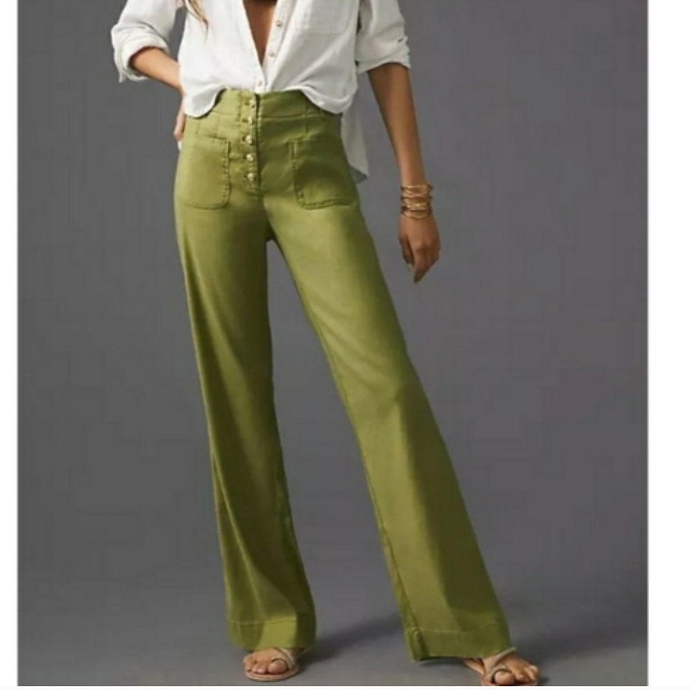 Maeve Green High-Waisted Linen Wide-Leg Pants